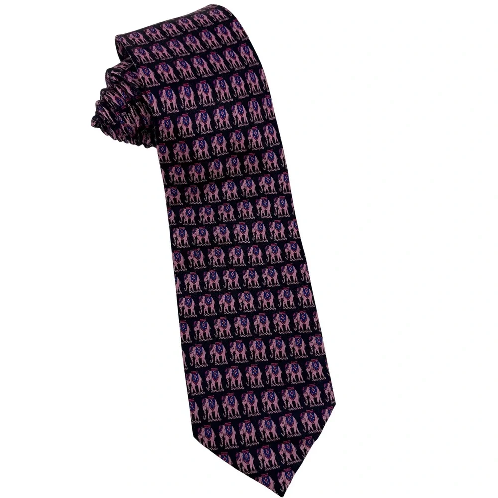 The Bombay Store Silk‎ Elephant Tie Mens Navy Blue Pink Patterned Necktie